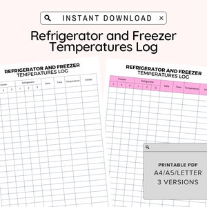 Afdrukbaar temperatuurlogboek koelkast en vriezer, temperatuurkaart koud voedsel bewaren, voedselveiligheidslogboek, voedselregistratiekaart, digitale pdf