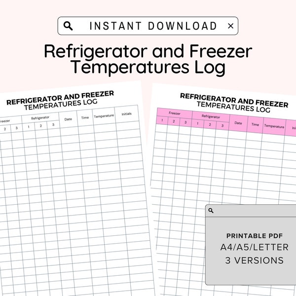 Printable Refrigerator and Freezer Temperatures Log, Cold Food Holding Temperature Chart, Food Safety Log, Food Recording Chart, Digital PDF