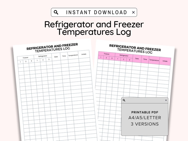 Printable Refrigerator and Freezer Temperatures Log, Cold Food Holding Temperature Chart, Food