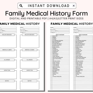 Medical History Form Printable, Family Medical History Form, Family Health History, Personal Health History, Medical Record tracker, A4 PDF