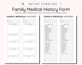 Medical History Form Printable, Family Medical History Form, Family Health History, Personal Health History, Medical Record tracker, A4 PDF