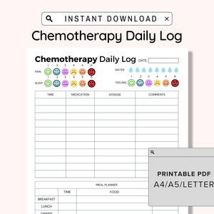 Printable Chemotherapy Symptom Log, Daily Chemo Tracker, Cancer Treatment Planner Insert, Health Binder Page, Record Meds,Cancer Journal PDF