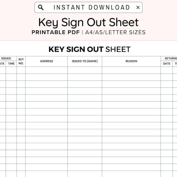 Key Sign Out Sheet Printable, Visitor Sign In Out Form, Event Sign In Sheet, PDF Signature List, PDF Contact List, Admission, A4/A5/Letter