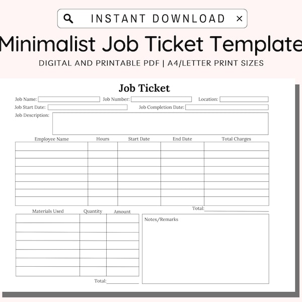 Job Ticket Printable, Work Order Form Template, Work Order Receipt, Work Log, Time Log, Job Time Ticket, A4/Letter Size Instant Download PDF