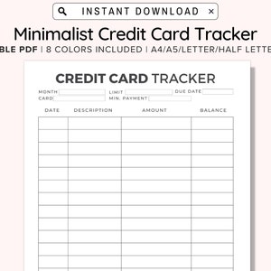 Rastreador de pagos de tarjetas de crédito, Rastreador de pagos de deudas imprimible, Tarjetas de crédito minimalistas, Rastreador de tarjetas de crédito, Liquidación de tarjetas de crédito, A4/A5/Carta