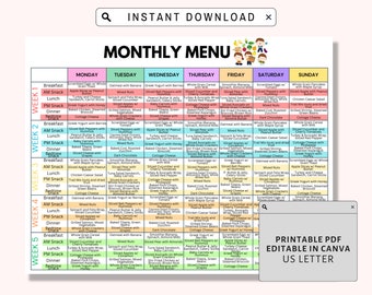 Home Daycare Weekly Menu Editable, Kids Weekly meal planner, Preschool Menu, Editable Home School Meal Planner, Printable Daycare Template