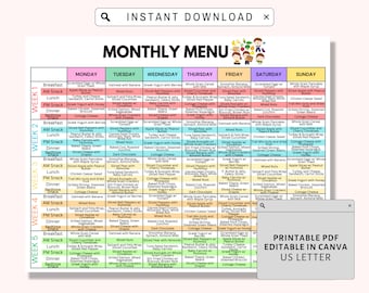 Home Daycare Weekly Menu Editable, Kids Weekly meal planner, Preschool Menu, Editable Home School Meal Planner, Printable Daycare Template