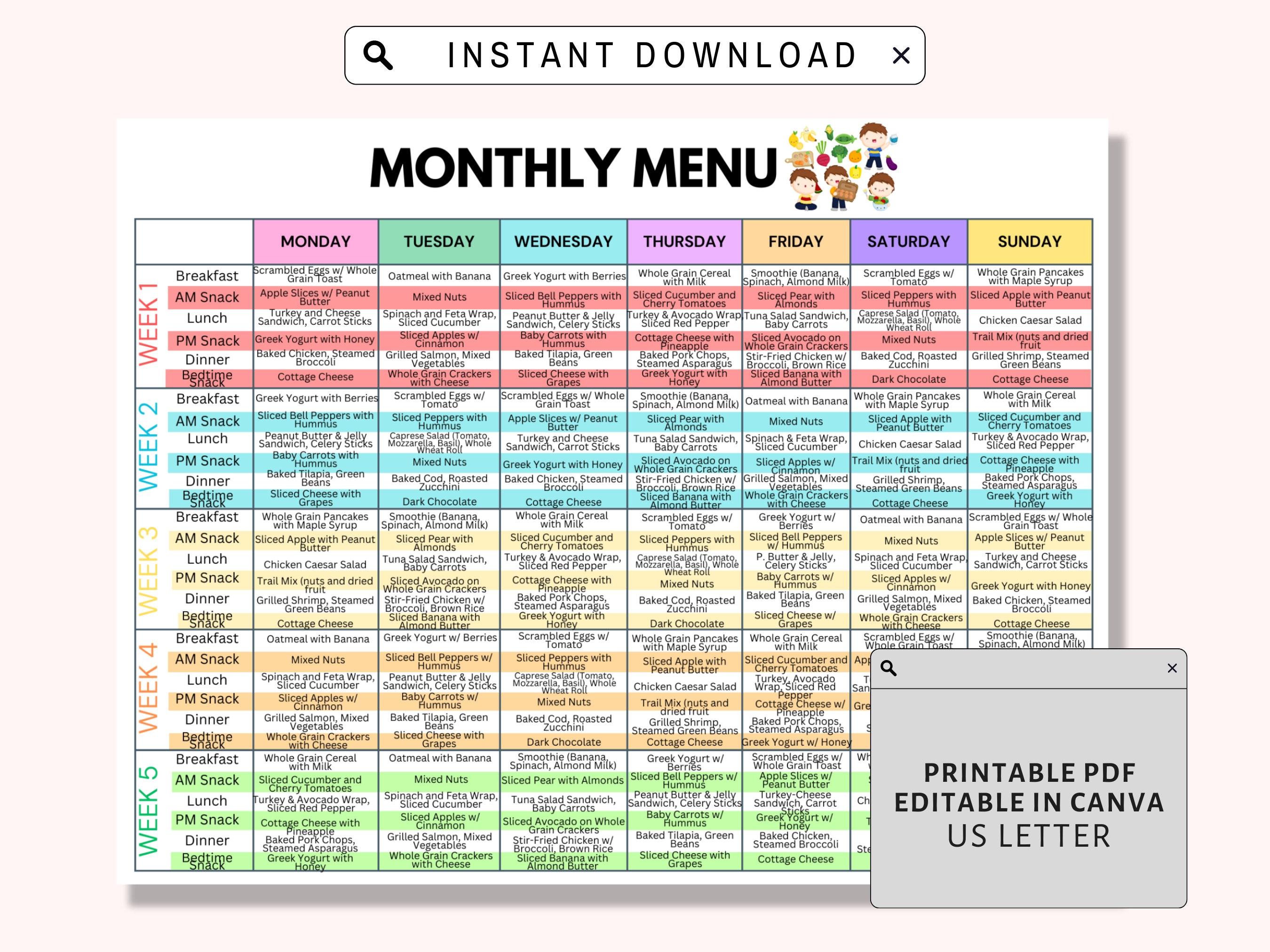 Home Daycare Weekly Menu Editable, Kids Weekly meal planner, Preschool Menu, Editable Home School Meal Planner, Printable Daycare Template