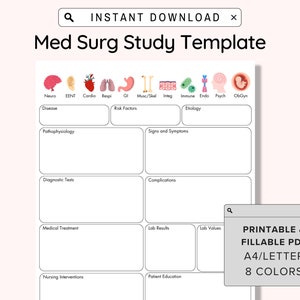 Fillable Med Surg Study Template Nursing School Medical Surgical