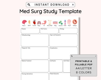 Fillable Med Surg Study Template, Nursing School Medical Surgical Disease Process Template Printable, NCLEX Nursing Student Study Guide, PDF