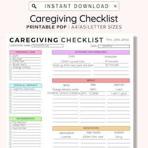 Caregiver Daily Tasks Printable,  Caregiving Checklist, Elderly Care, Caregiver Schedule, Housekeeping, Care log Template, A4 A5 Letter PDF