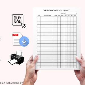 May include: Printable restroom checklist with a grid for recording employee names and daily tasks. The checklist includes the days of the week: Monday, Tuesday, Wednesday, Thursday, Friday, Saturday, and Sunday.