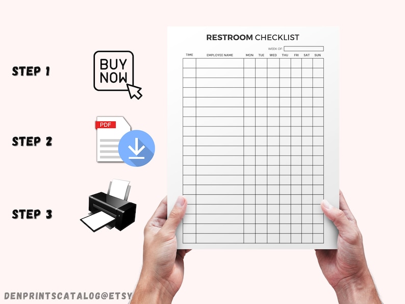 May include: Printable restroom checklist with a grid for recording employee names and daily tasks. The checklist includes the days of the week: Monday, Tuesday, Wednesday, Thursday, Friday, Saturday, and Sunday.