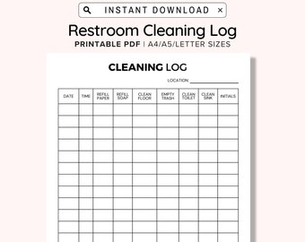 Weekly Bathroom Cleaning Chart Printable, Restroom Cleaning Log for Business, Bathroom Cleaning Log, Bathroom Checklist, Restroom Checklist