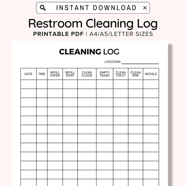 Weekly Bathroom Cleaning Chart Printable, Restroom Cleaning Log for Business, Bathroom Cleaning Log, Bathroom Checklist, Restroom Checklist