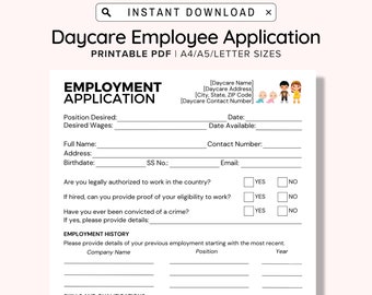 Daycare Employee Application Printable, Childcare Center Printable Daycare Forms, For Preschool In Home, Child Care Business, Editable PDF