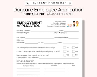 Daycare Employee Application Printable, Childcare Center Printable Daycare Forms, For Preschool In Home, Child Care Business, Editable PDF