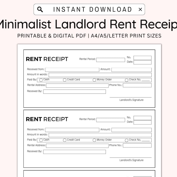 Landlord Rent Receipt, Tenant Receipt, Rent Payment Receipt, Landlord Templat, Property Management Receipt, Receipt Checklist, A4/A5/Letter