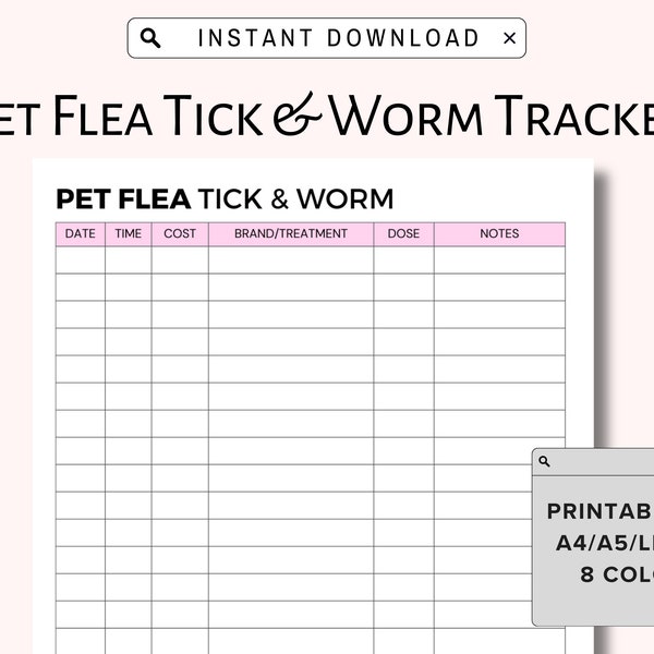 Printable Flea, Tick and Worm Control Log, Pet Care Health Records, Dog Health, Cat Health, Treatment Tracker, Pet Care Planner Template