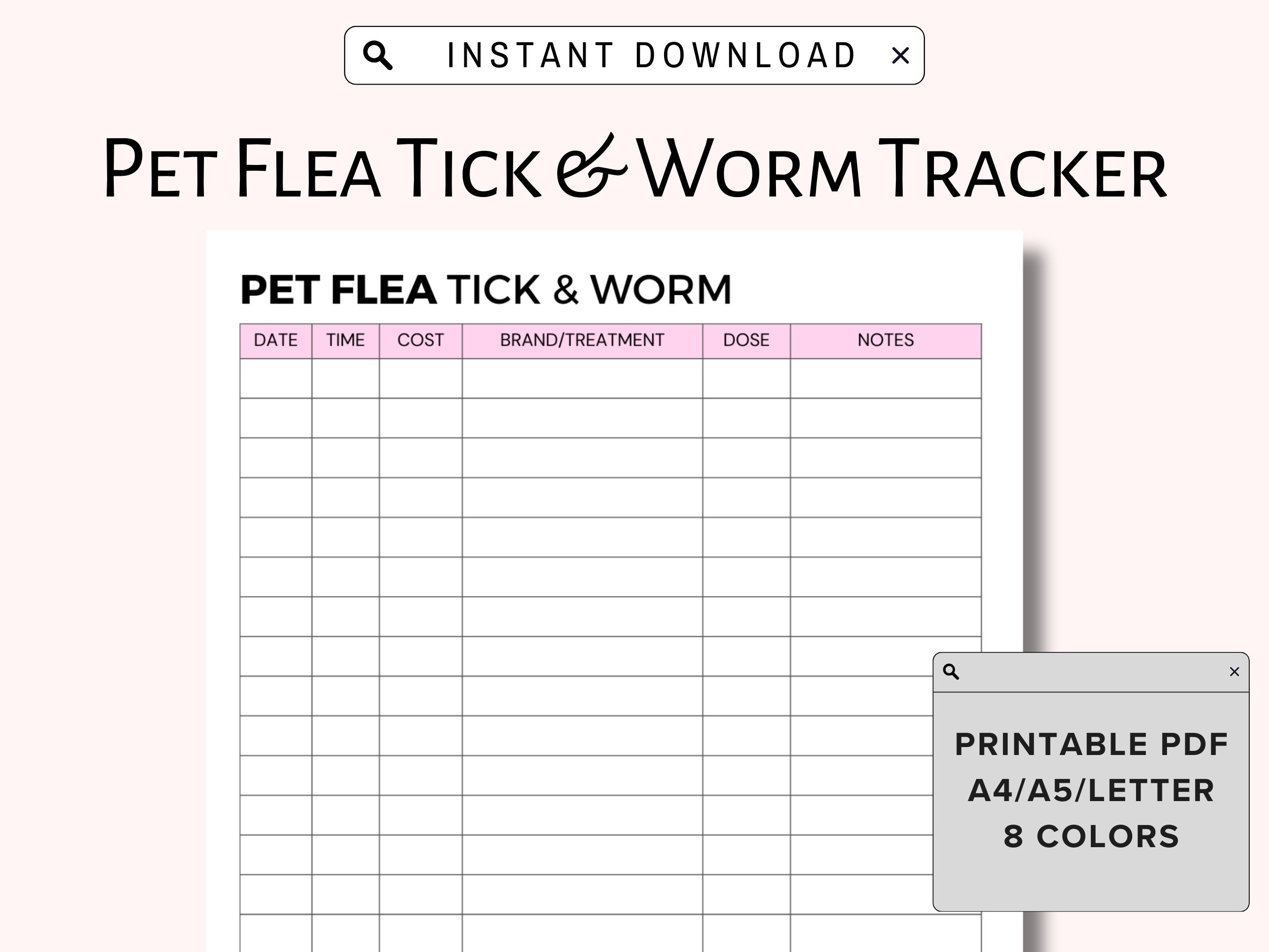 Printable Flea, Tick and Worm Control Log, Pet Care Health Records, Dog ...