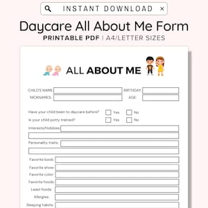 Daycare All About Me Form | Daycare Questionnaire | Get To Know Me | Preschool Questionnaire | Child Information Form | Daycare Entry Form