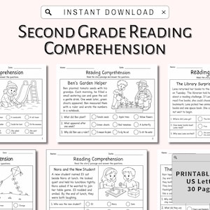 Può includere: Una raccolta di schede di comprensione del testo per la seconda elementare in bianco e nero. Le pagine presentano brevi storie con titoli come Lost Red Mitten e Ben's Garden Helper, accompagnate da domande a scelta multipla e illustrazioni.