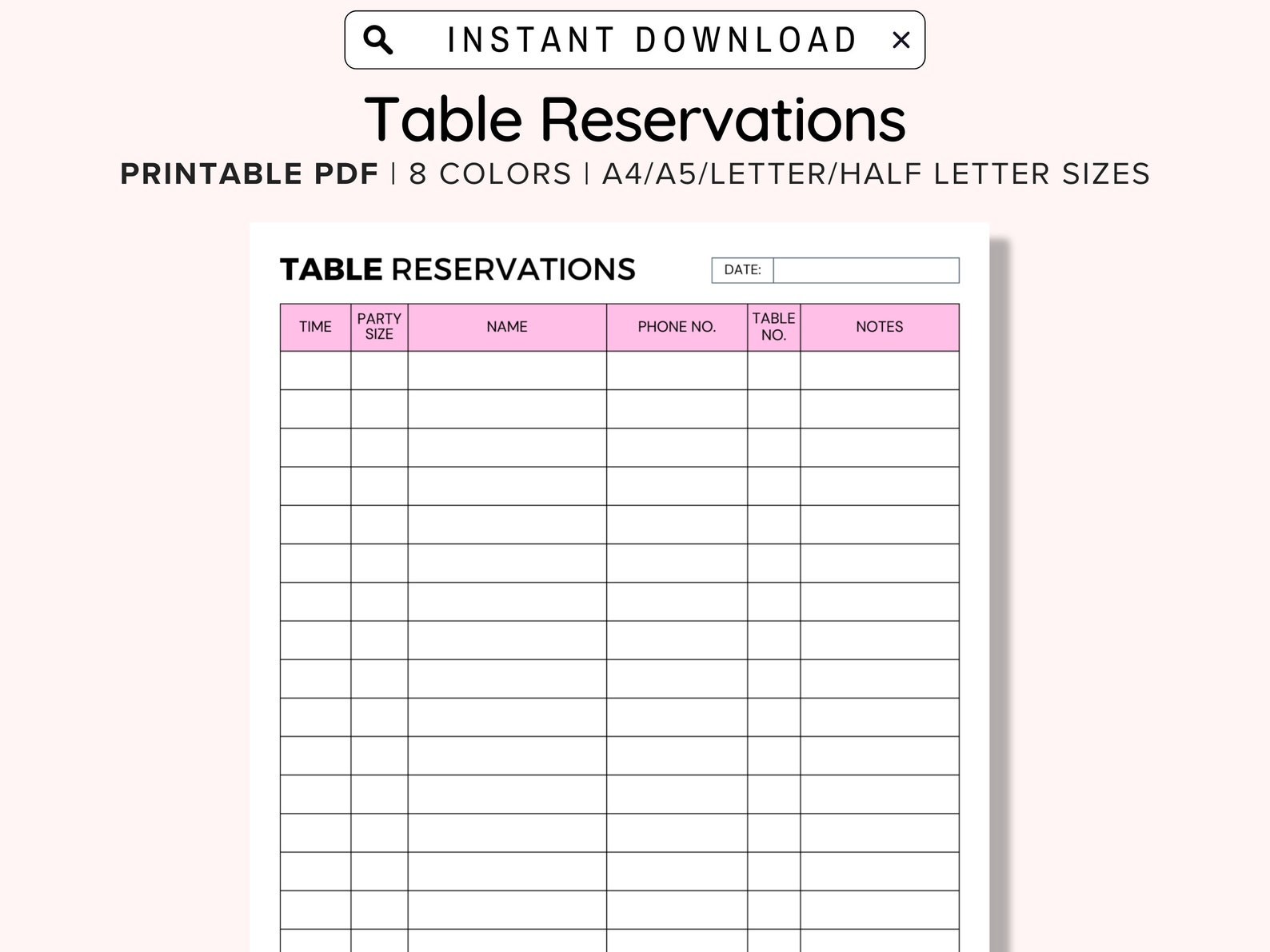 Printable Table Reservation List, Restaurant Table Reservation Form Printable Table Reservation List, Restaurant Table Reservation Form