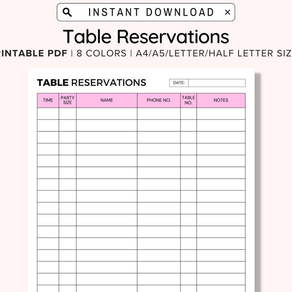Printable Table Reservation List, Restaurant Table Reservation Form, Restaurant Reservation Sheet, Restaurant Guest Reservation Booking PDF