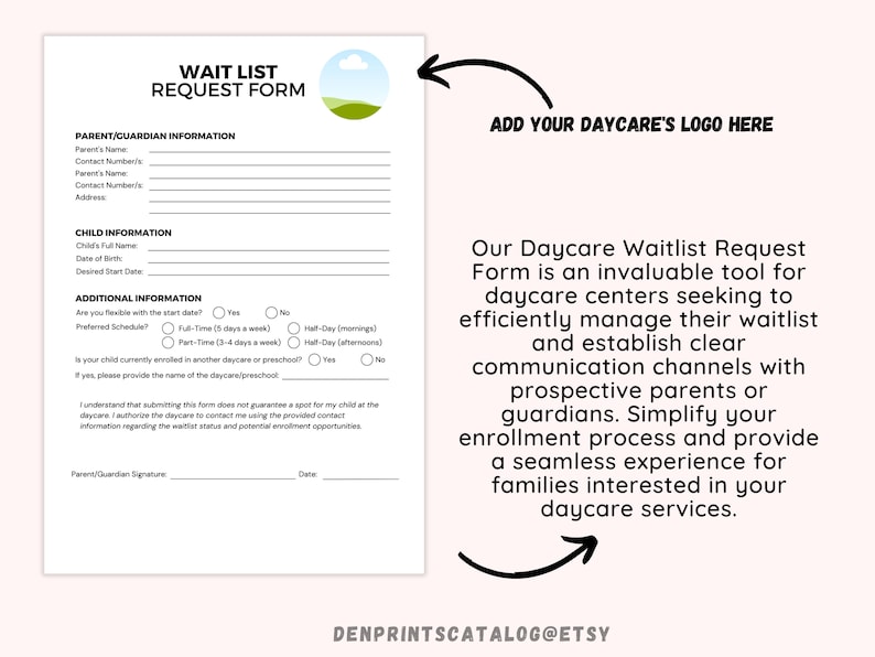 Daycare Wait List Printable Daycare Waiting List Template Etsy