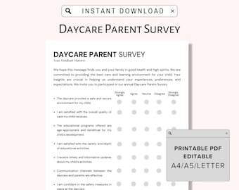 Editable DAYCARE PARENT SURVEY, Childcare Center Printable Parent Survey Form,Perfect for Preschool, Centers, & Child Care Businesses Pdf