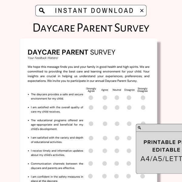 Bearbeitbare DAYCARE ELTERN UMFRAGE, Kindertagesstätte Elternumfrage, perfekt für Vorschule, Mitten und Kinderpflegebetriebe Pdf