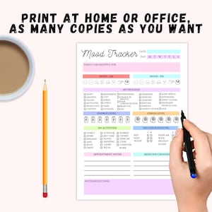 May include: A printable mood tracker with sections for tracking mood, feelings, energy level, stress level, activities, and notes. The tracker is designed to be printed at home or in the office.