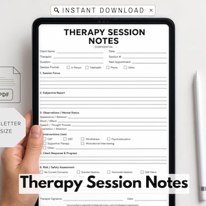 May include: A digital tablet displaying a Therapy Session Notes form with fields for client name, date, therapist, session number, duration, and next appointment. The document includes sections for session focus, subjective report, observations, interventions, and risk assessment.