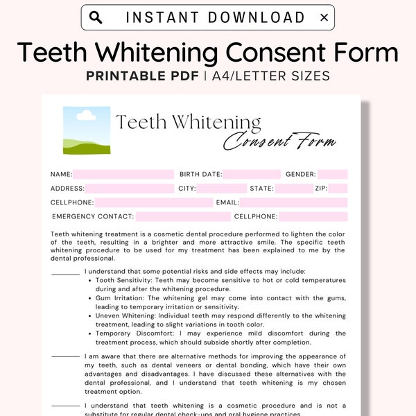Printable Teeth Whitening Consent Form Etsy