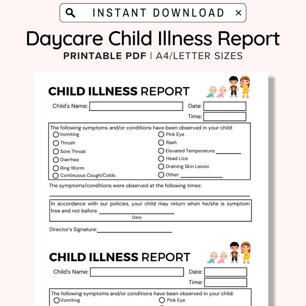 Child Illness Notice Printable, Daycare Printable Child Sick Report, Preschool Symptom For, Perfect for Child Care Centers and Home Daycares