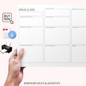 May include: A printable drug class study guide with sections for generic name, brand name, dosage and indications, side effects, contraindications, interactions, nursing considerations, patient education, and notes.