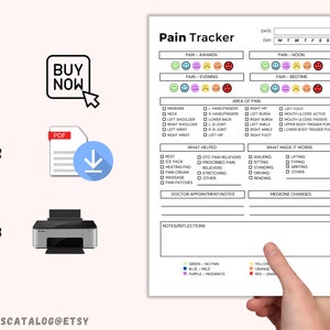 May include: Printable pain tracker with a black and white design. The tracker includes sections for pain level, area of pain, what helped, what made it worse, doctor appointment notes, and notes/reflections. The tracker also includes a color key for pain levels.