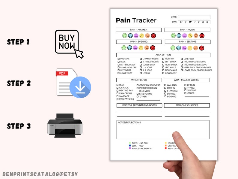 May include: Printable pain tracker with a black and white design. The tracker includes sections for pain level, area of pain, what helped, what made it worse, doctor appointment notes, and notes/reflections. The tracker also includes a color key for pain levels.