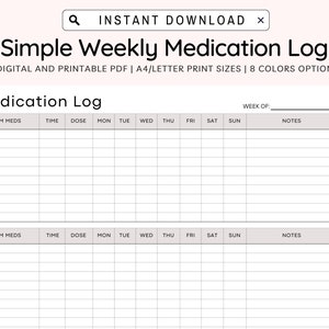 Registro de medicamentos imprimible, registro semanal de medicamentos, lista de medicamentos, registro de medicamentos, cuadro de medicamentos diario (PDF, A4/Carta)