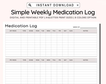 Medication Tracker Printable, Weekly Medication Log, Medicine Tracker, Medication List, Medication Log, Medication Chart Daily PDF A4/Letter