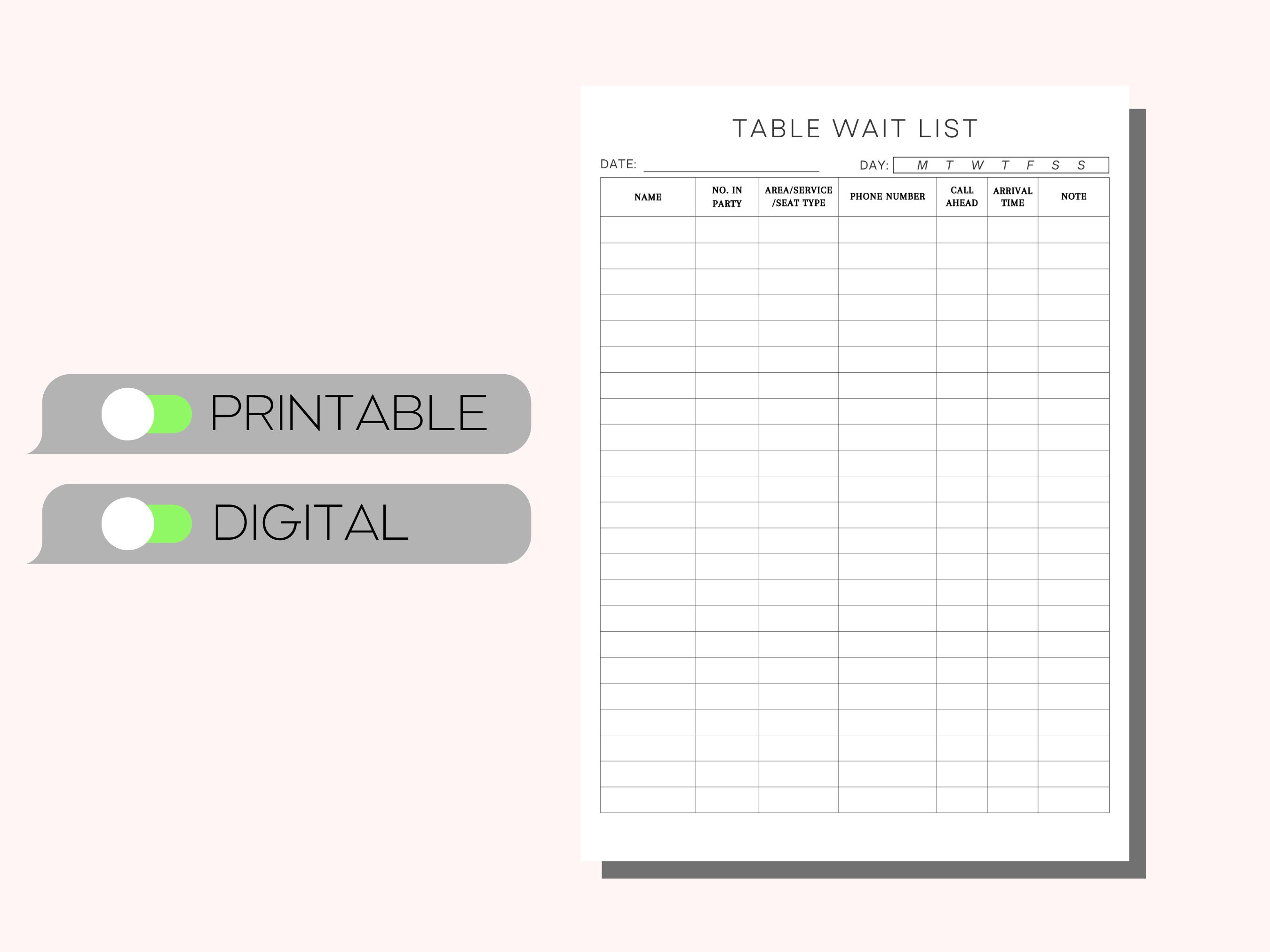 Restaurant Table Wait List Printable, Waiting List Printable Restaurant Table Wait List Printable, Waiting List Printable