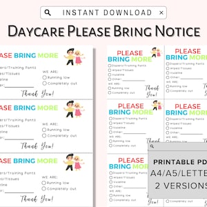 Please Bring More Supplies, Daycare Parent Notice Printable, Childcare Notice, Home Daycare Parent Notice, More Supplies Needed Notice, PDF