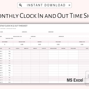 Op de afbeelding: Een digitaal maandelijks urenregistratieformulier voor MS Excel. Het document bevat velden voor werknemersnaam, ID, afdeling, supervisor en goedkeuring, met een raster voor het bijhouden van dagelijkse in- en uitkloktijden en pauzes.