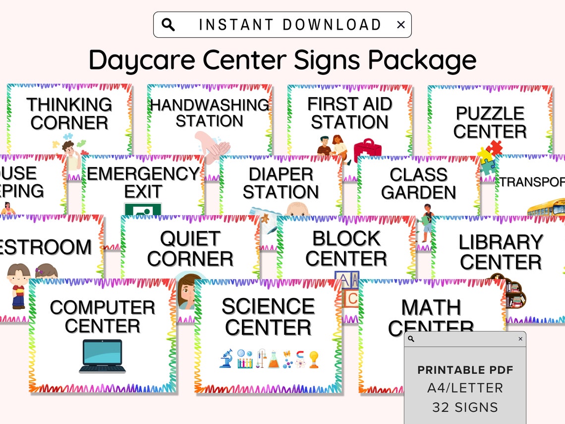Complete Daycare Center Signs Printable, Childcare Signs for Preschool and Toddler Classrooms