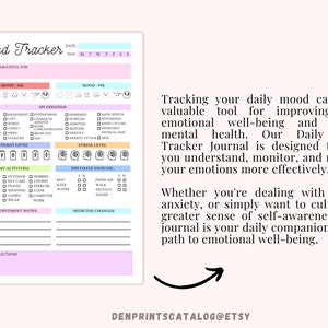 May include: A printable mood tracker journal with a pink and blue color scheme. The journal includes sections for tracking daily mood, energy levels, stress levels, activities, and notes. The text "Tracking your daily mood can be a valuable tool for improving your emotional well-being and overall mental health." is included on the page.