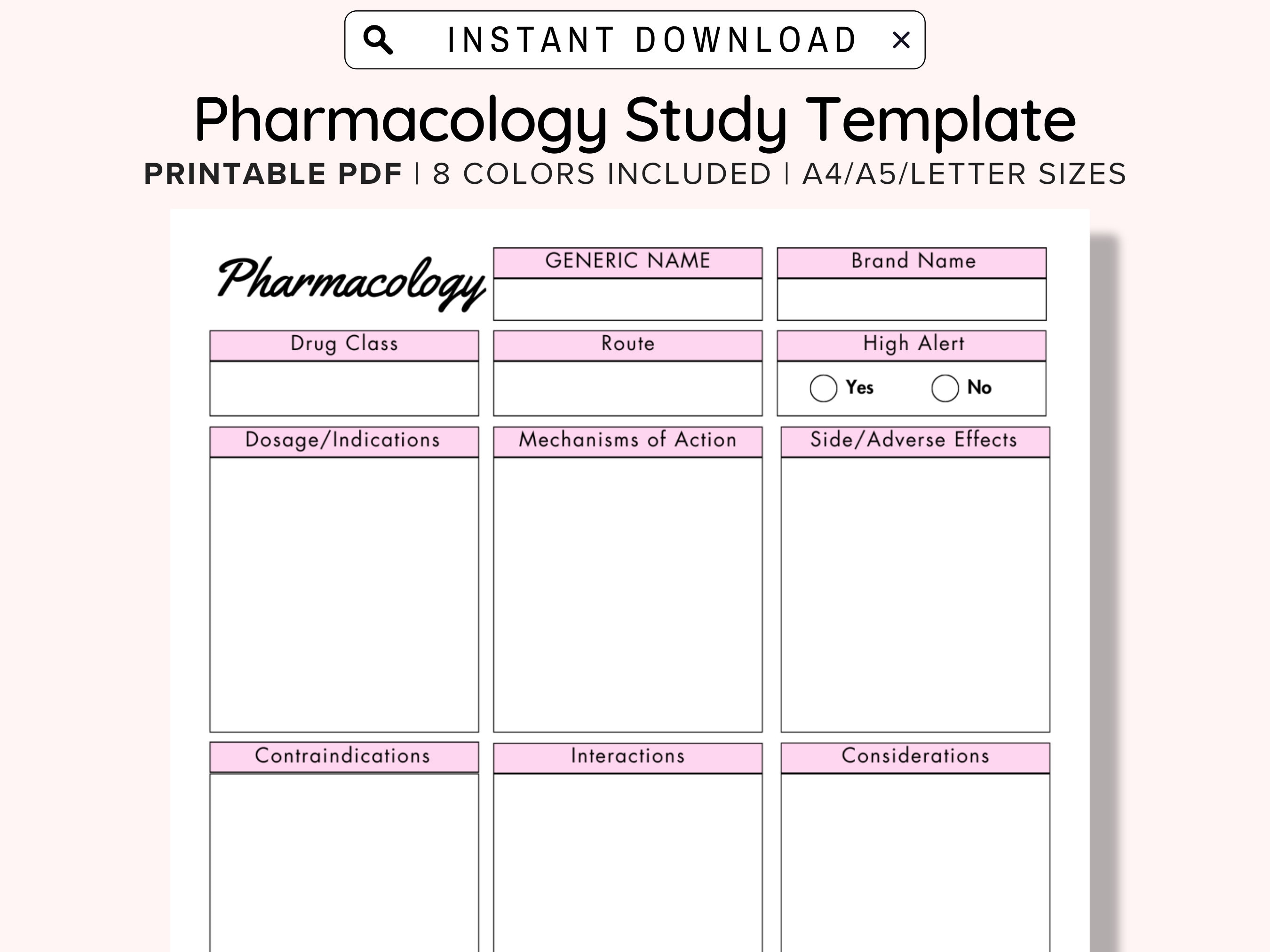 Printable Pharmacology Template for Nursing Student, Student Nurse