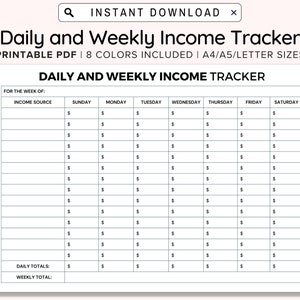 Printable Daily and Weekly Income Tracker, Income Tracker Printable, Small Business, Earnings Worksheet PDF Undated Blank, A4/A5/Letter