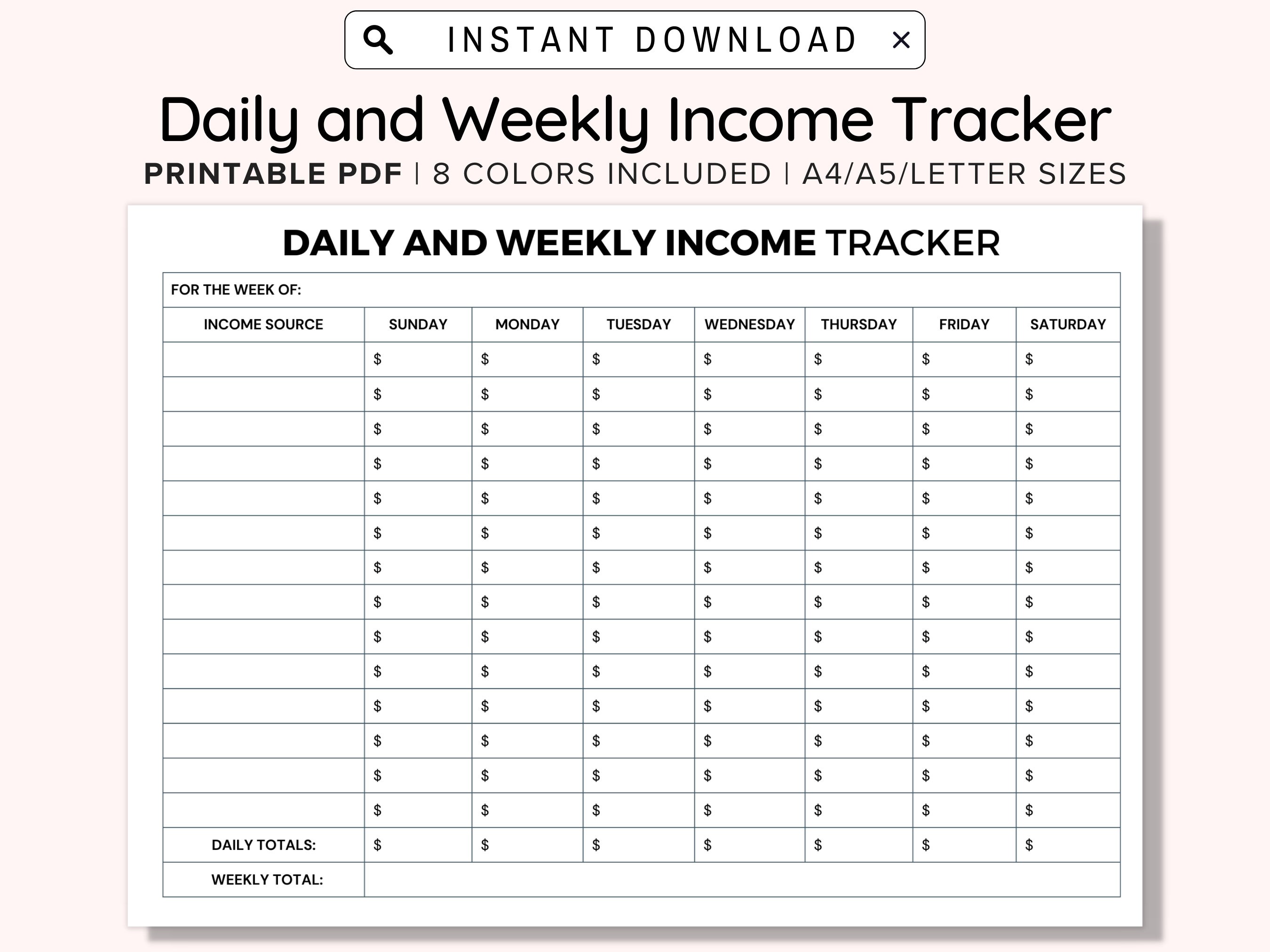 Printable Daily And Weekly Income Tracker Income Tracker Printable