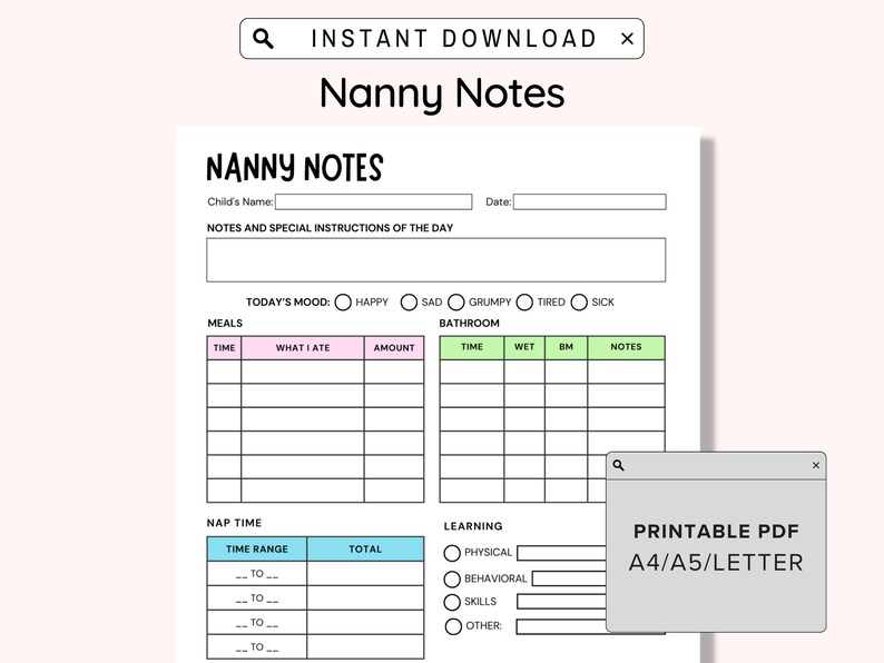 Nanny Notes Printable, Nanny Information Sheet, Daycare Report, Nanny ...