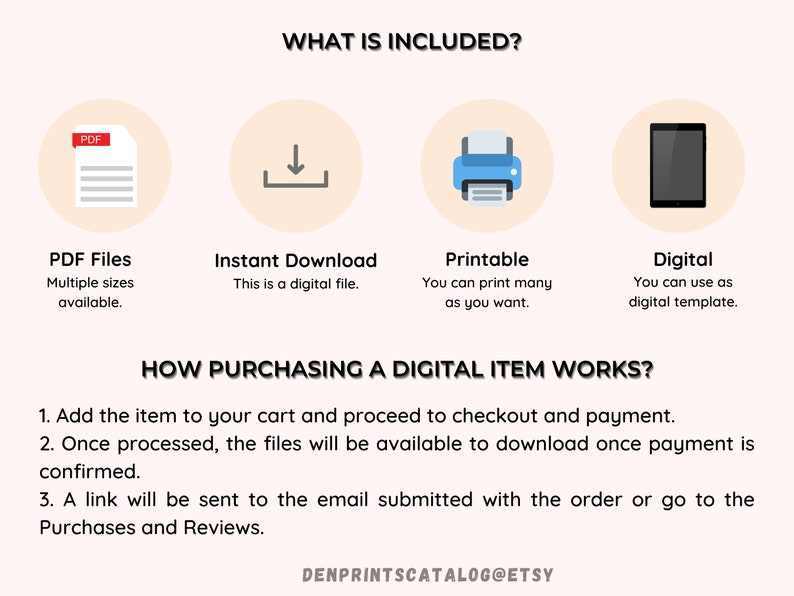 May include: A graphic with four icons representing the digital download process. The icons are a PDF file, a download arrow, a printer, and a smartphone. The text "WHAT IS INCLUDED?" is at the top of the graphic. The text "PDF Files, Multiple sizes available." is below the PDF icon. The text "Instant Download, This is a digital file." is below the download arrow icon. The text "Printable, You can print many as you want." is below the printer icon. The text "Digital, You can use as digital template." is below the smartphone icon. The text "HOW PURCHASING A DIGITAL ITEM WORKS?" is below the icons. The text "1. Add the item to your cart and proceed to checkout and payment. 2. Once processed, the files will be available to download once payment is confirmed. 3. A link will be sent to the email submitted with the order or go to the Purchases and Reviews." is below the text "HOW PURCHASING A DIGITAL ITEM WORKS?". The text "DENPRINTSCATALOG@ETSY" is at the bottom of the graphic.
